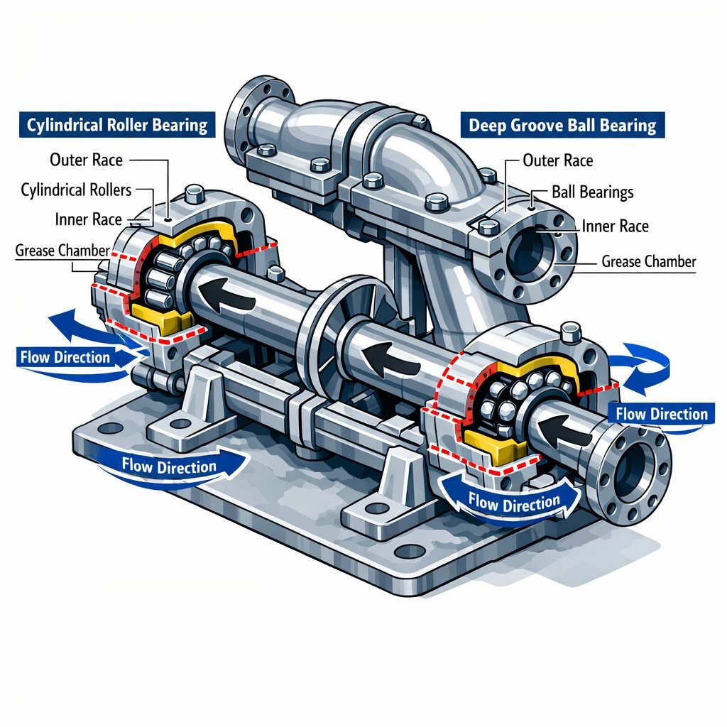 Technical illustration of cylindrical roller and deep groove ball bearings used in pump assemblies.