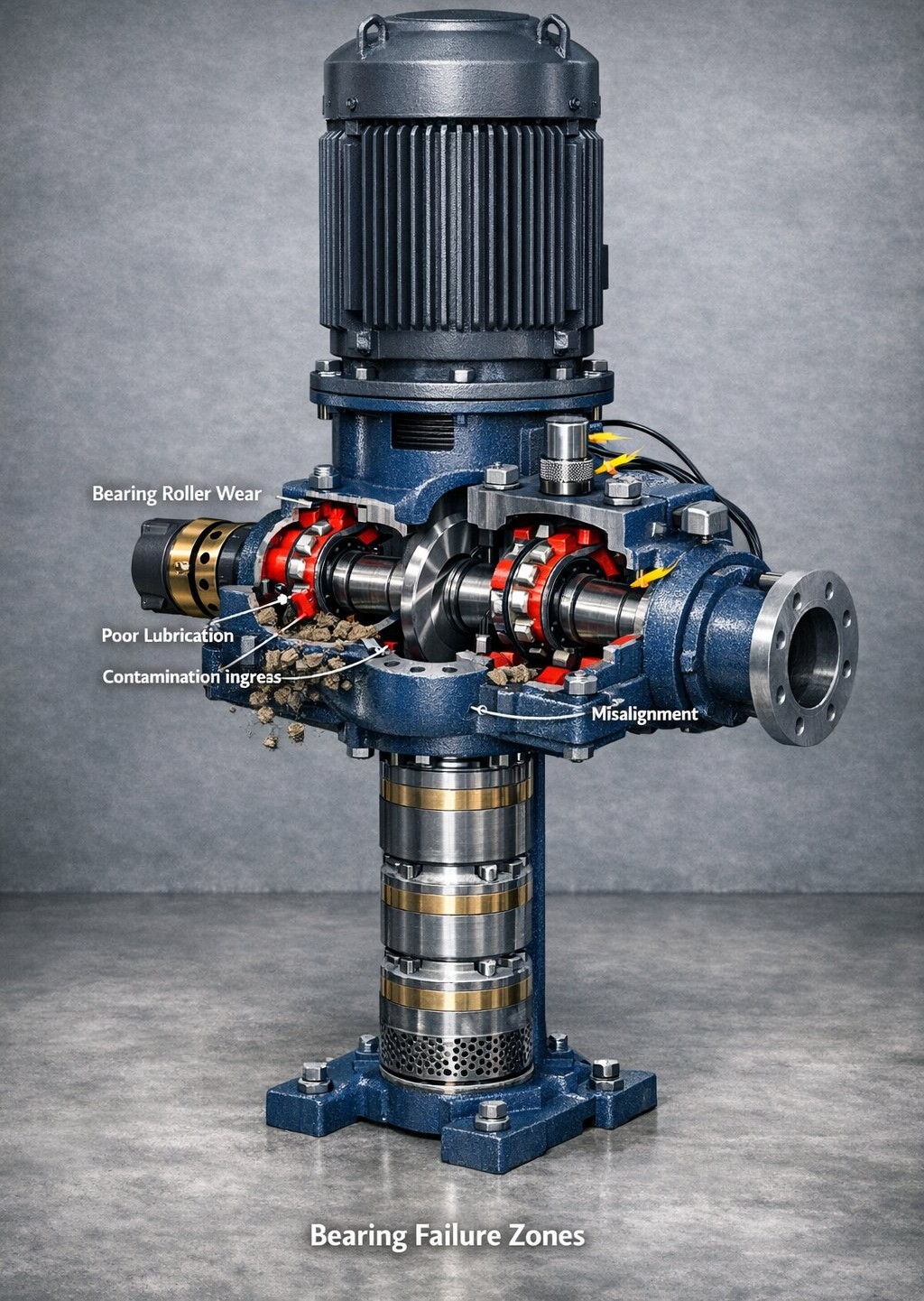 Diagram of a vertical turbine pump showing common bearing failure zones: bearing roller wear, poor lubrication, contamination ingress, and misalignment.
