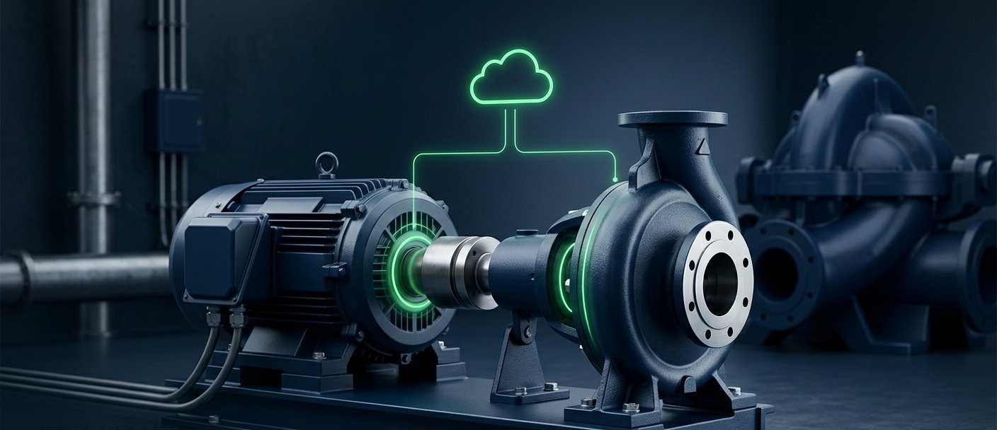 Industrial pump with sensors transmitting continuous monitoring data to the cloud.