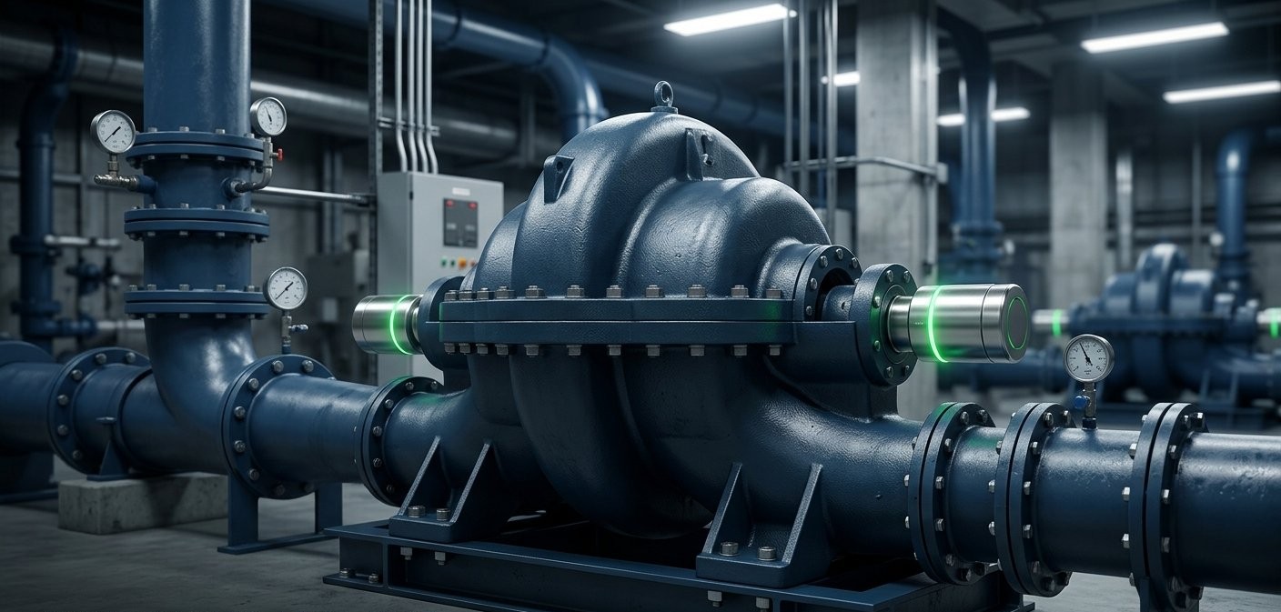 Split-case pump installed in a municipal pump house, fitted with Pulse Infrastructure NWI sensors.